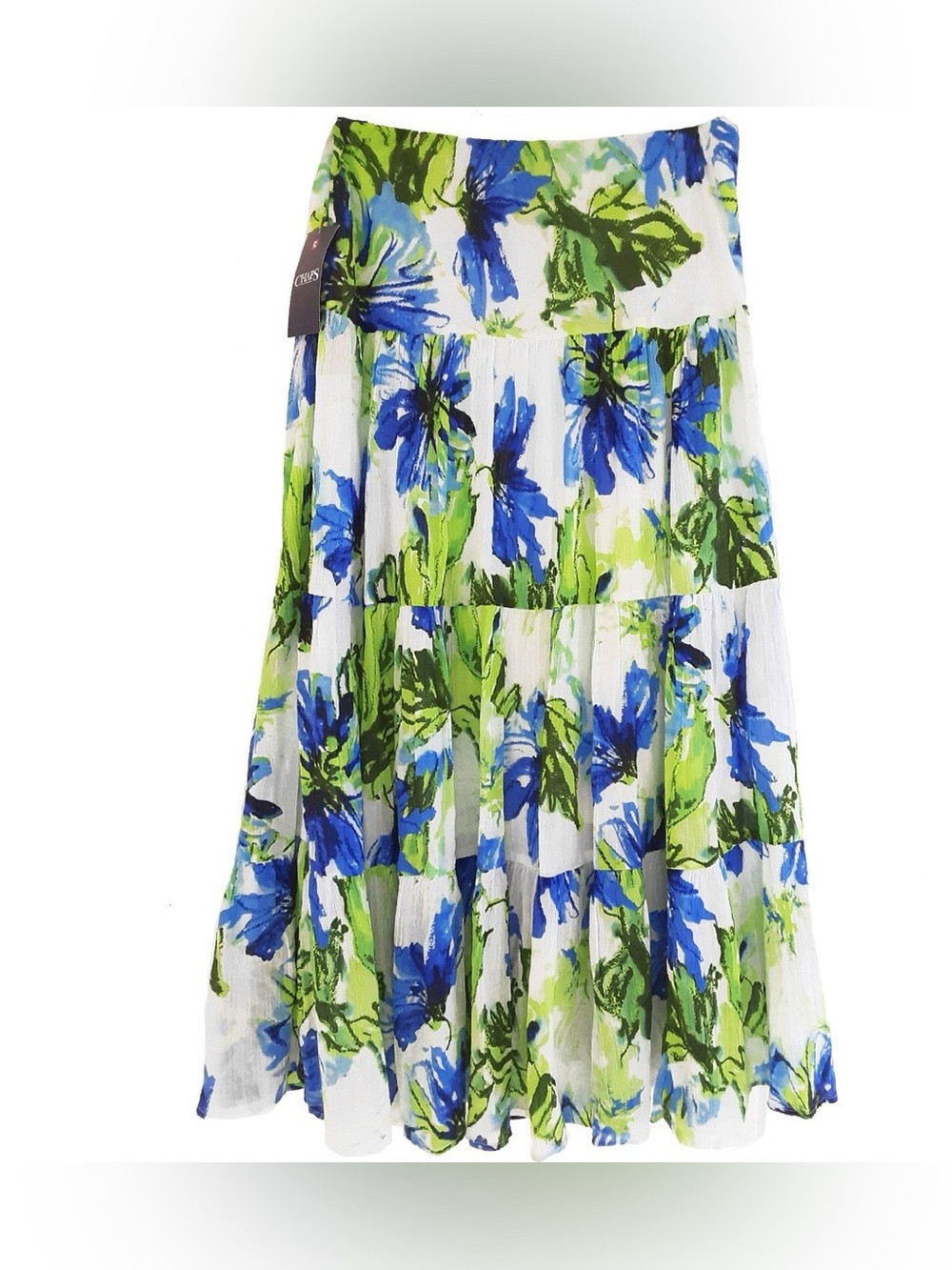 Chaps Tiered Cotton MIDI Skirt Women Med Petite Blue/Lime Green Floral Tropical
